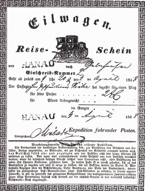 Билет на дилижанс, 1848 г.